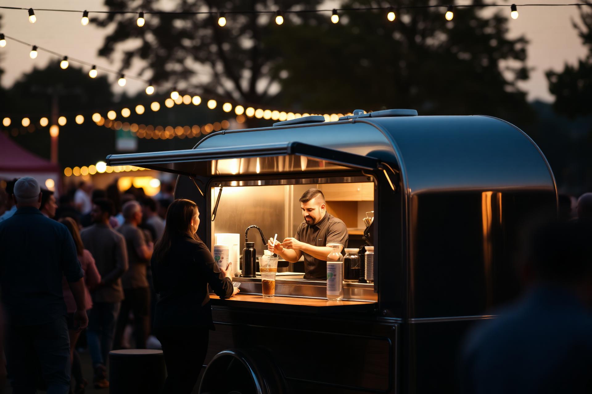 Mobile coffee van hire in Gloucester. The Coffee Man trailer serving customers at an event at dusk